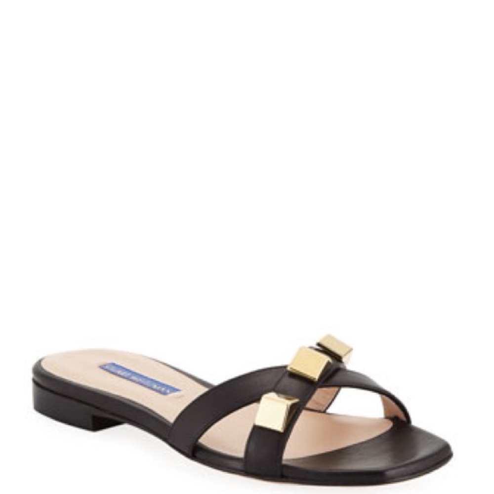 Stuart Weitzman Flat Leather Studded Sandals Black, new without tags, size 9 1/2